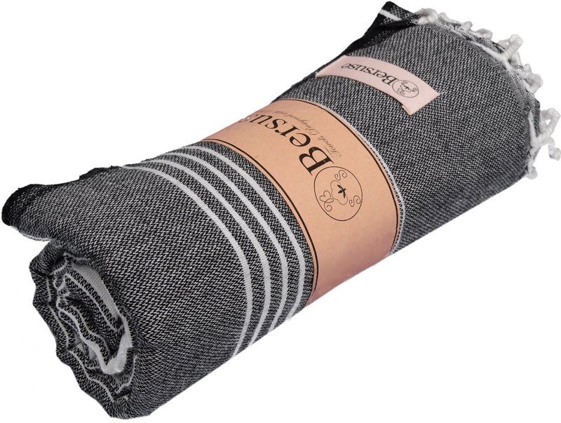 Bersuse Towels Anatolia XL Beach Blanket Throw Blanket Turkish Towel 100% Cotton Extra-Large Quick-Dry Lightweight Premium Peshtemal Towel - 61x82 Inches, Black - Image 5